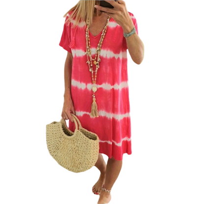 Women Casual Tie Dye Short Sleeve Summer V Neck Loose Bohemian Beach Dress
