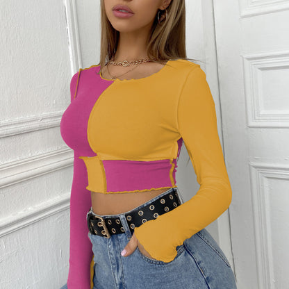Camiseta corta informal de manga larga con bloques de color a la moda para mujer