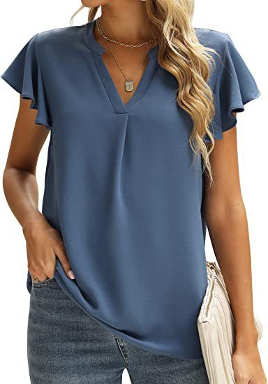Blusa informal de gasa de color liso con cuello en V y mangas cortas con volantes para mujer