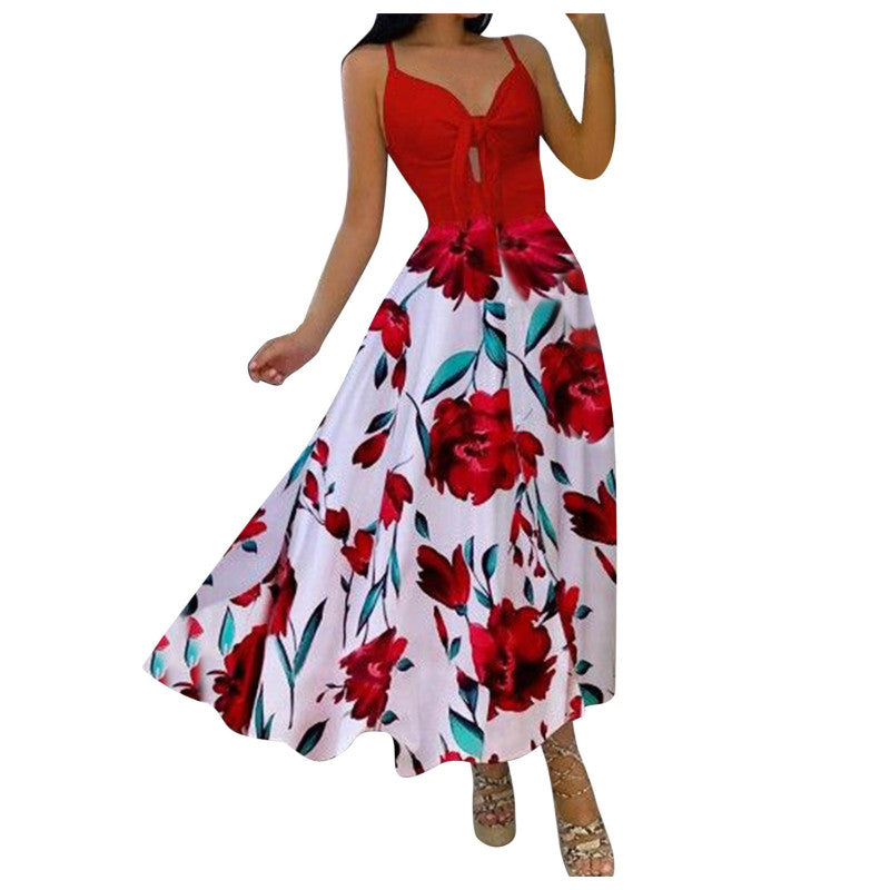 Women Casual Sexy Vacation Floral Print Knit Strap Swing Maxi Dress