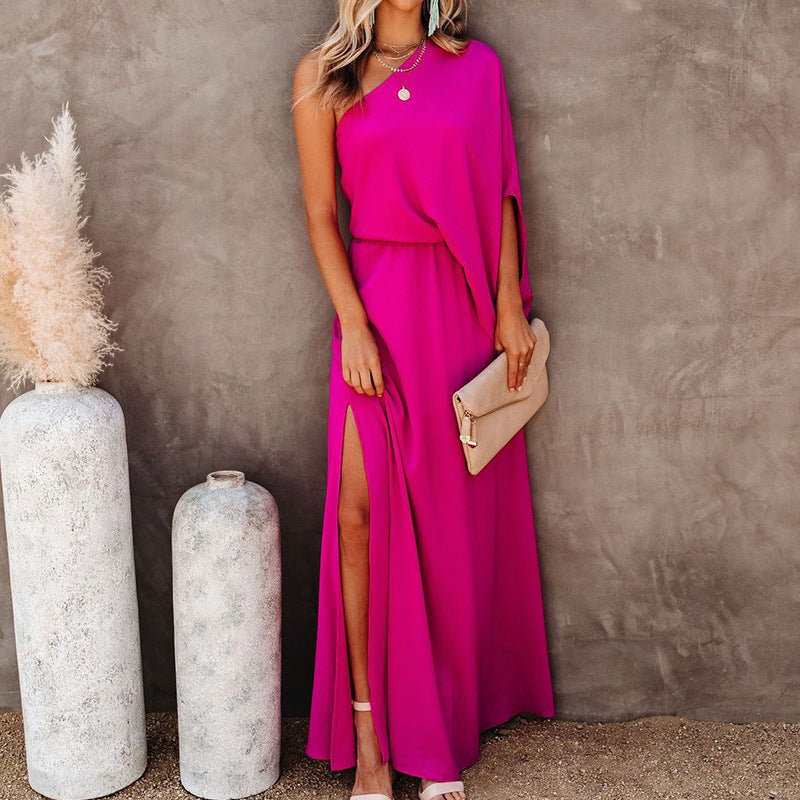 Summer Fashion Women Solid Color Oblique Collar Strapless Temperament Casual Long Dress