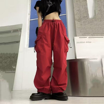 Pantalones cargo holgados de pierna de color sólido estilo retro informal para mujer