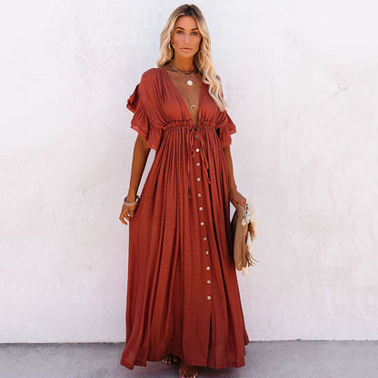 Traje de baño de playa informal holgado con cuello en V y manga corta de color liso para mujer