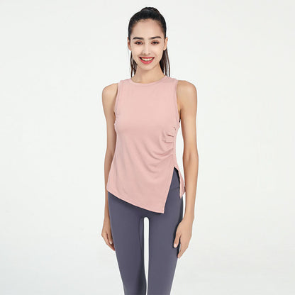 Women Casual Loose Solid Color Round Neck Sleeveless Side Slit Sports Tank Top