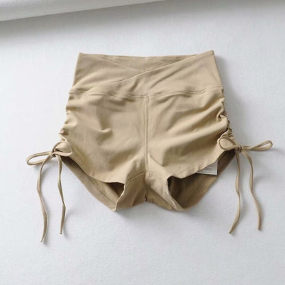 Women Solid Pleated Drawstring High Waist Casual Sports Shorts