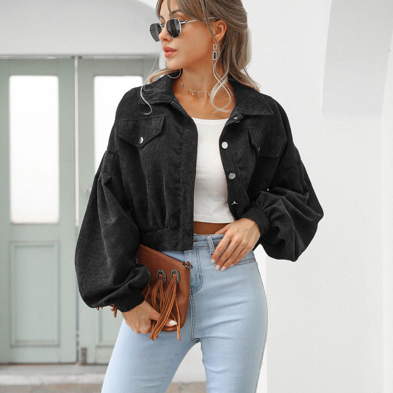 Women Fashion Casual Solid Color Corduroy Single-Breasted Sleeve Lantern Jacket