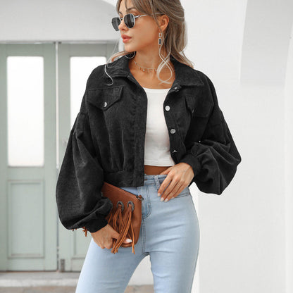 Women Fashion Casual Solid Color Corduroy Single-Breasted Sleeve Lantern Jacket