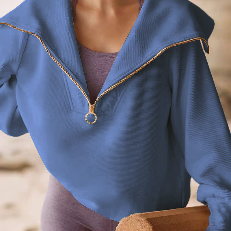Sudadera informal de moda para mujer, con solapa holgada y media cremallera, color liso