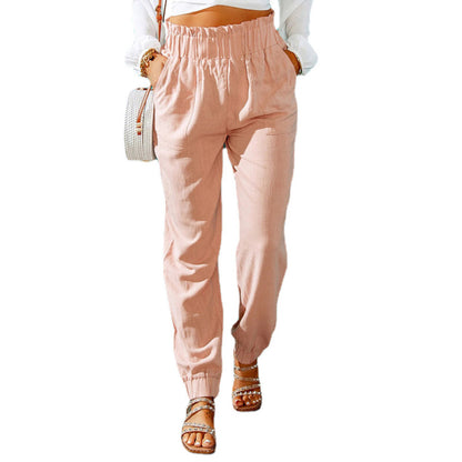 Women Ruffled Elastic Belt Mid Waist Solid Color Casual Jogger Pants