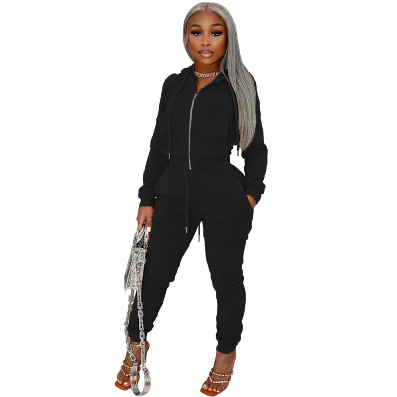 Conjunto deportivo informal de top y pantalón de manga larga con capucha y cremallera de color liso para mujer