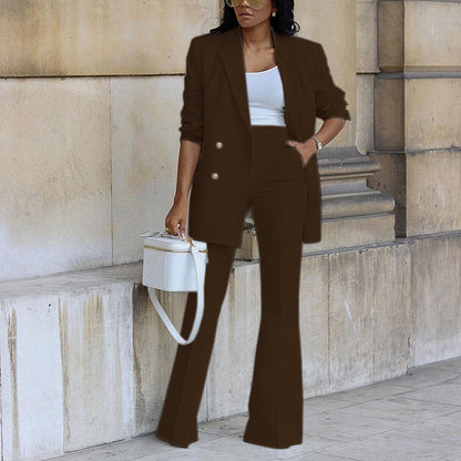 Traje de dos piezas con blazer informal de color liso y pantalones anchos para mujer