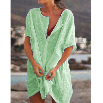 Blusa holgada informal de manga corta para mujer, color liso, para playa y vacaciones