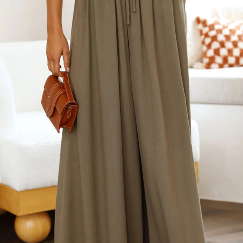 Women Solid Color High Waist Elastic Casual Wide Leg Pants