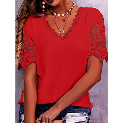 Blusa informal de manga corta con cuello en V, holgada, con encaje y patchwork de color liso para mujer