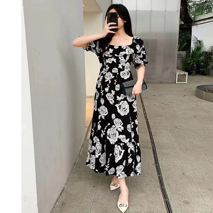 Women Vacation Casual Retro Multicolor Square Neck Printed Waist Puff Sleeve Dress