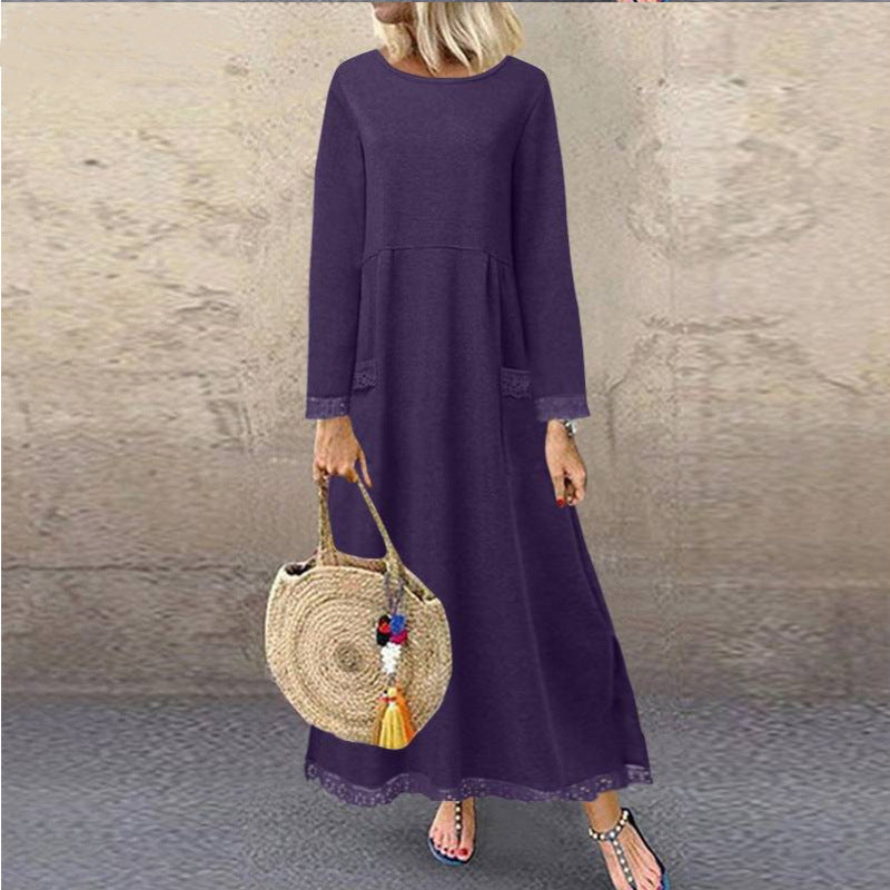 Vestido largo sencillo de color liso con mangas largas y costuras de encaje para mujer