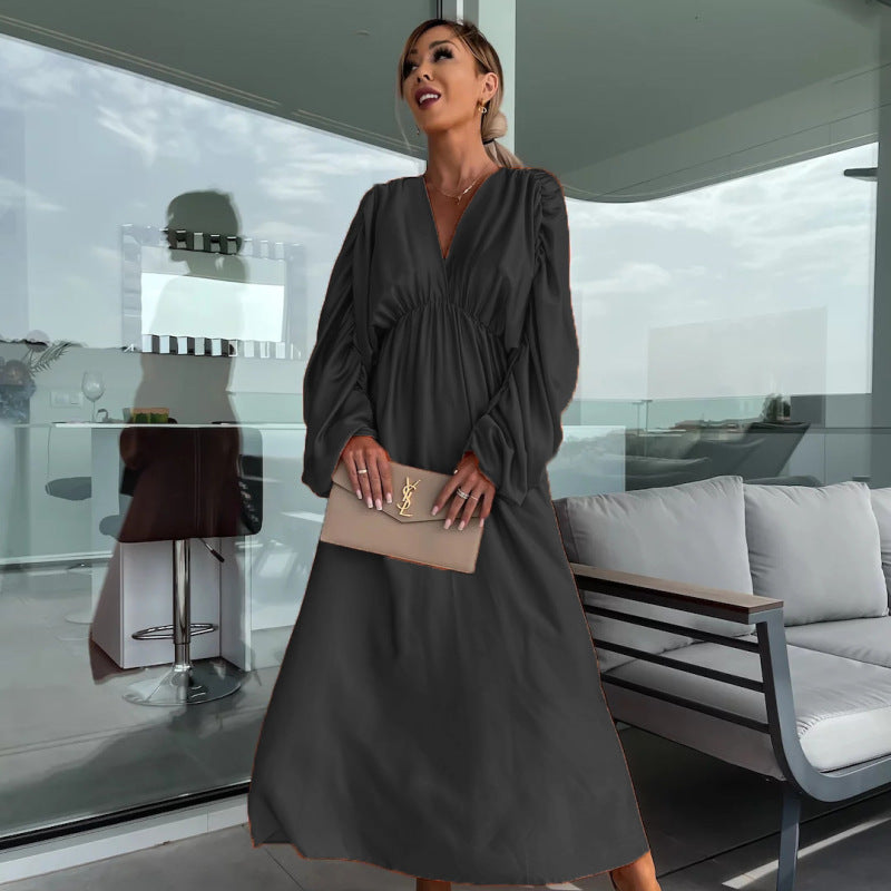 Women'S Casual Boho Solid Color Long Sleeve Pleated V-Neck Dress