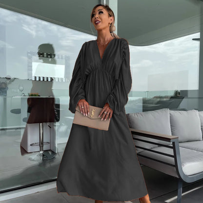 Women'S Casual Boho Solid Color Long Sleeve Pleated V-Neck Dress