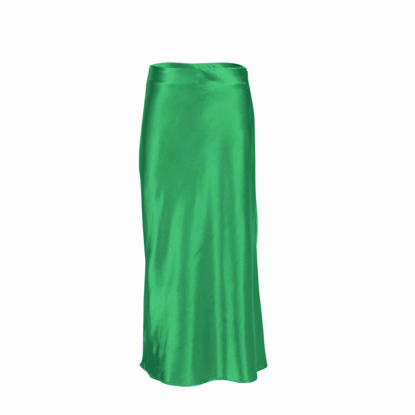 Autumn Spring Women High Waist Satin Slim-Fit Elegant Casual Office Solid Skirt