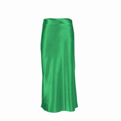Autumn Spring Women High Waist Satin Slim-Fit Elegant Casual Office Solid Skirt
