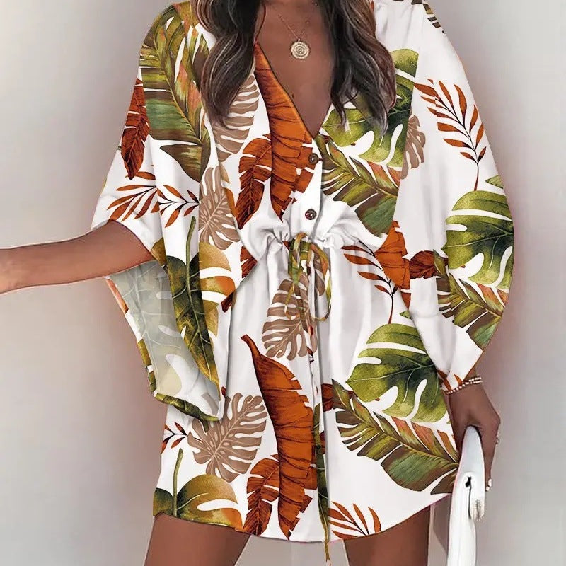 Women Elegant Bohemian Summer Short Sleeves V Neck Casual Bandage Holiday Dress