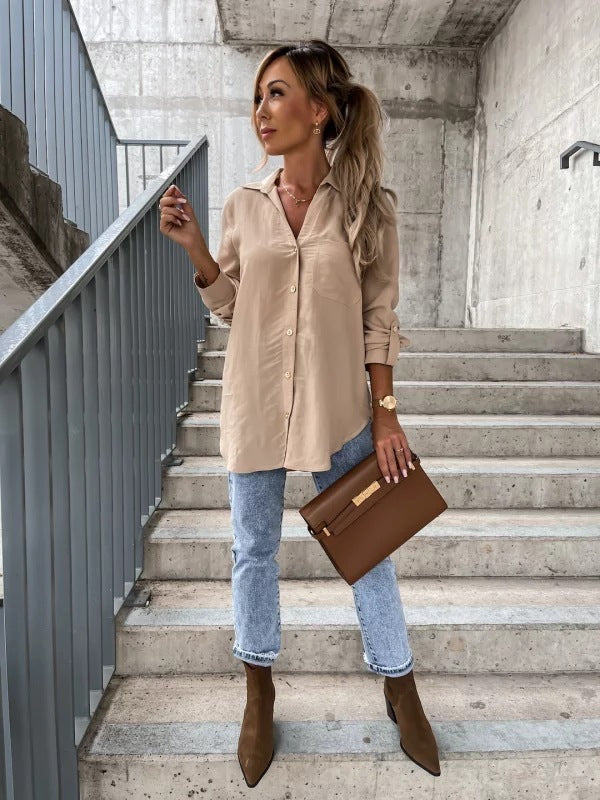 Blusa sencilla, básica, informal, de color liso, con cuello en V y solapa con botones para mujer