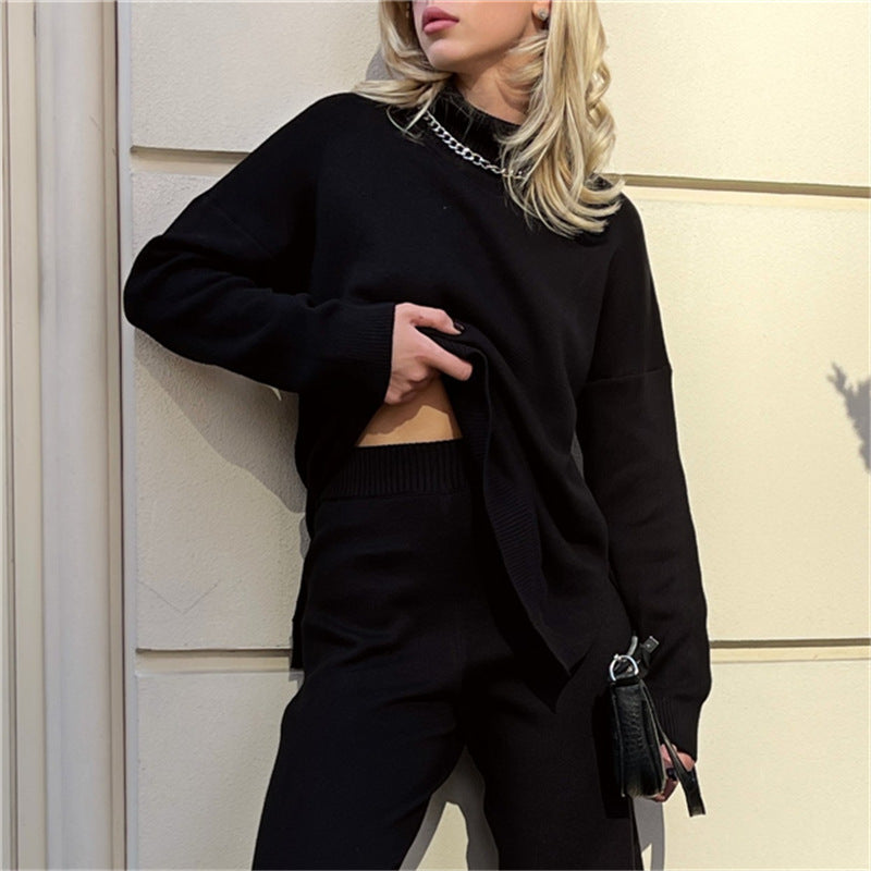 Women Casual Fashion Autumn Winter Loose Turtleneck Solid Color Long-Sleeveside Slit Sweater