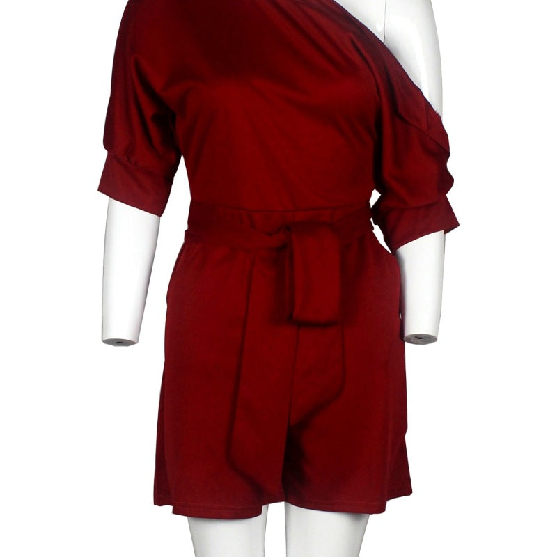 Women Casual Elegant Off-Shoulder Button Down Solid Color Short Sleeve Rompers