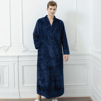 Couples Winter Fashion Casual Home Solid Color Flannel V Neck Long Sleeve Zipper Robes Sleepwear