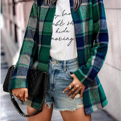 Chaqueta de punto de manga larga con bolsillo y estampado a cuadros holgado e informal de invierno para mujer