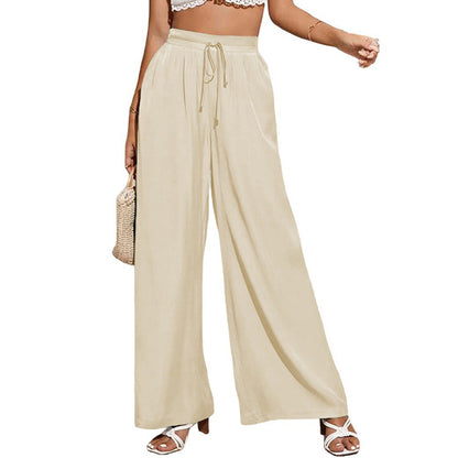 Women High Waist Casual Trousers Solid Color Elastic Waist Tie Loose Wide Leg Pants
