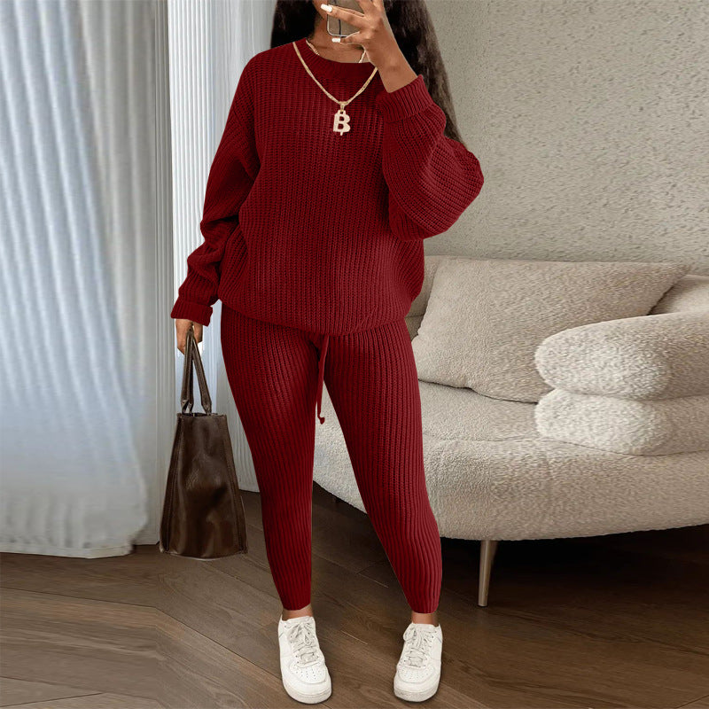 Fashion Casual Women Solid Color Knitted Long Sleeve Sweater And Pants Set