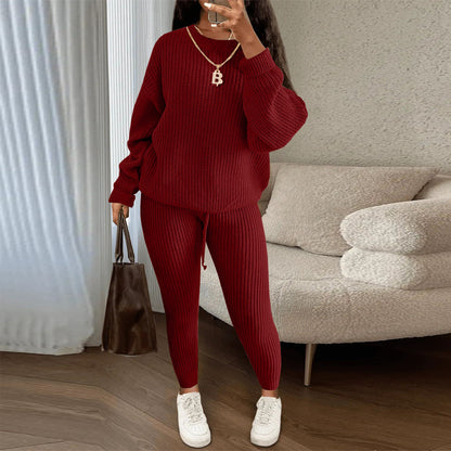 Fashion Casual Women Solid Color Knitted Long Sleeve Sweater And Pants Set