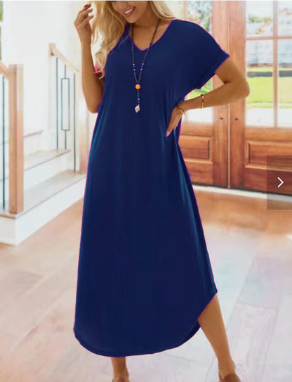 Women Casual Solid Color Short Sleeve V Neck Loose Maxi Dress