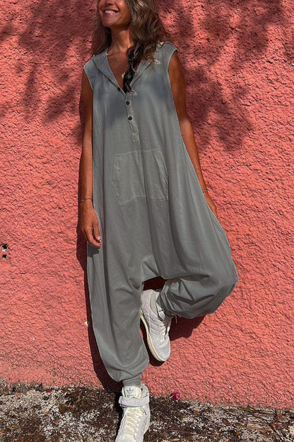 Women'S Fashion Solid Color Casual Hooded Single-Breasted Loose Jumpsuits