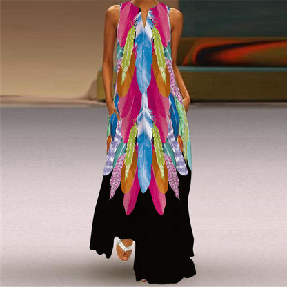 Vestido largo holgado informal de verano con escote en V y sin mangas con estampado para mujer