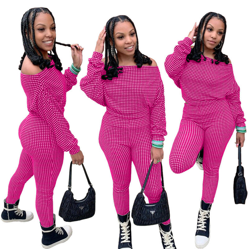 Conjunto de dos piezas de top y pantalón holgados informales de manga larga con cuello oblicuo y estampado a cuadros para mujer