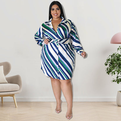 Plus Size Women Casual Autumn Long-Sleeved Diagonal Stripe Shirt Dress