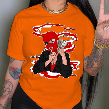 Camiseta informal holgada de talla grande para mujer, cuello redondo, manga corta, capucha, estampado gráfico "Toma dinero" para hombre