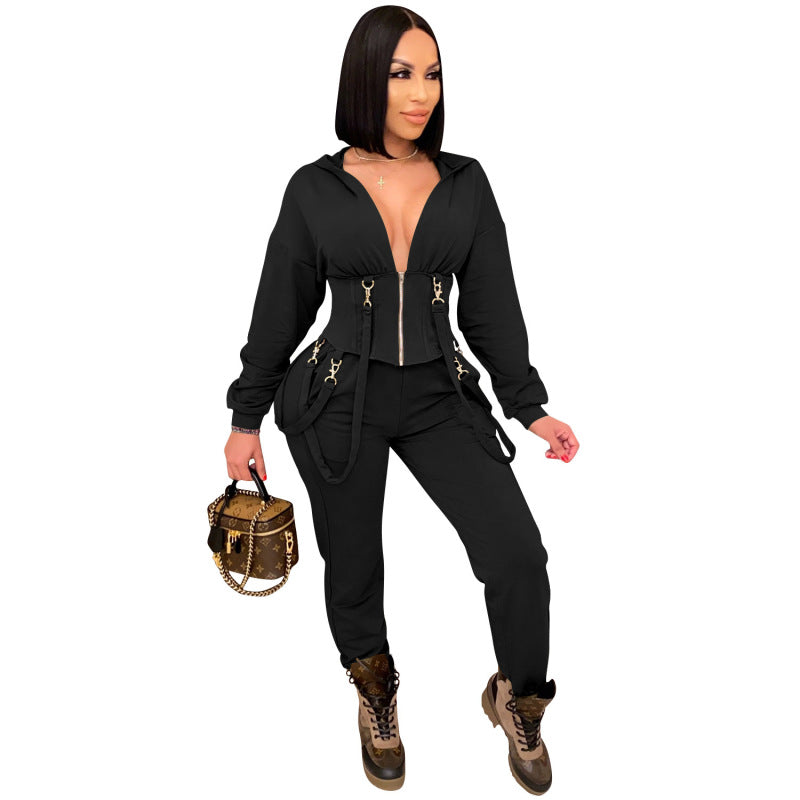 Conjunto informal de dos piezas con top y pantalones cortos con capucha y cremallera para mujer