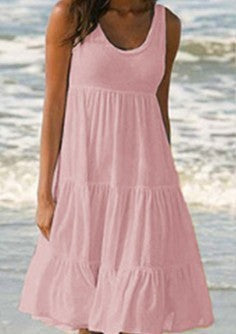 Women Casual Solid Color Sleeveless Round Neck Ruffled Loose Dress