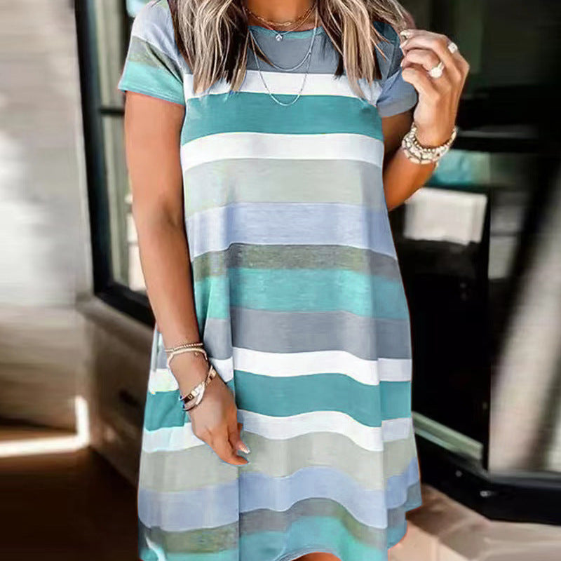 Summer Women Loose Casual Fashion Stripe Print Short Sleeve Dress