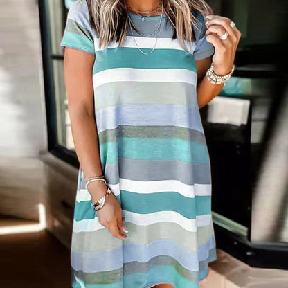 Summer Women Loose Casual Fashion Stripe Print Short Sleeve Dress