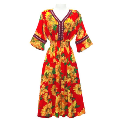 Vestido midi holgado informal de verano con cuello en V y mangas acampanadas para mujer