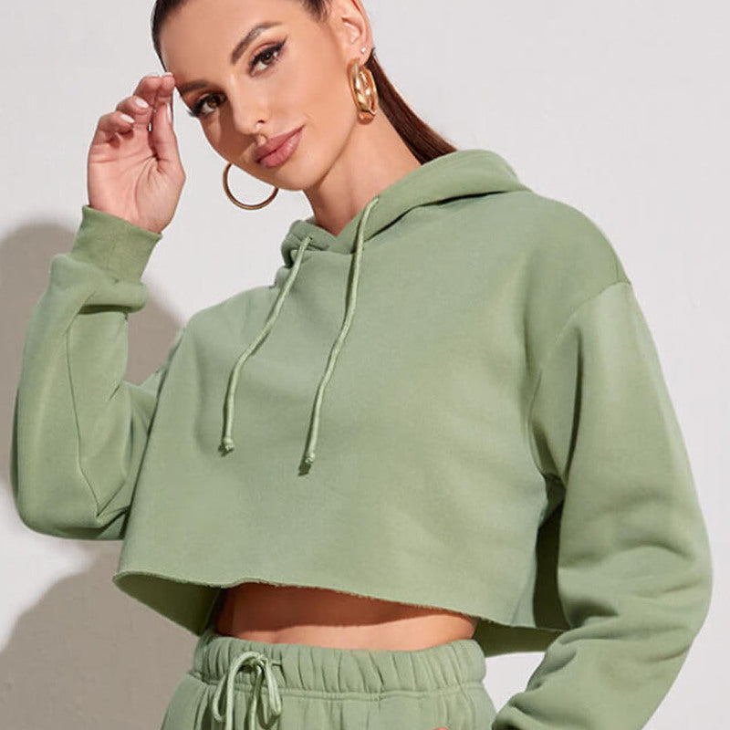 Sudadera corta básica informal de polar de color liso con mangas largas para mujer