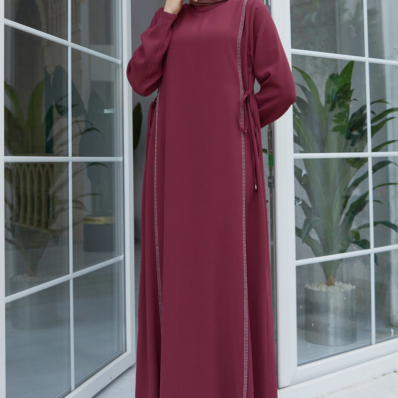 Women Casual Solid Color Rhinestone Abaya Long Sleeve Maxi Dress