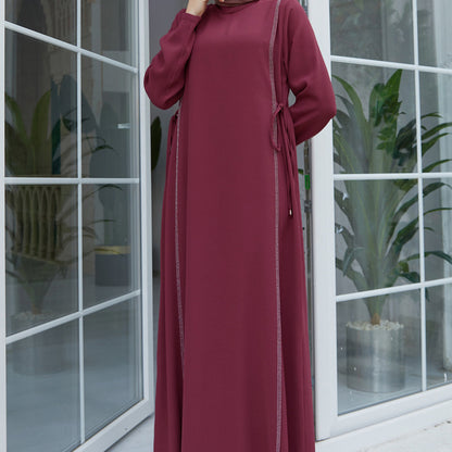 Women Casual Solid Color Rhinestone Abaya Long Sleeve Maxi Dress