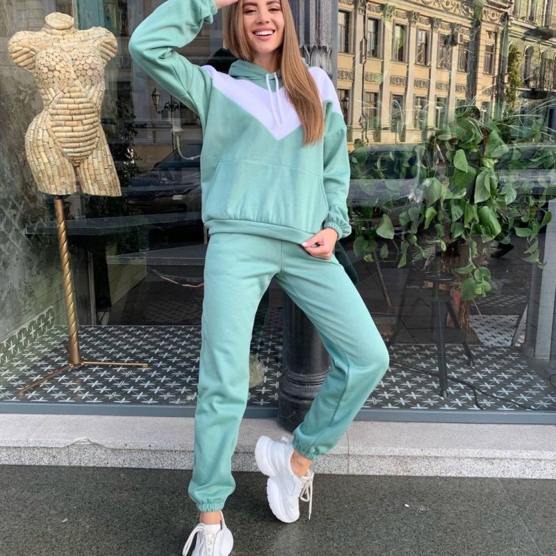 Women Casual Fashion Athleisure Color Blocking Thickened Hooded And Sweatpants Two-Piece Sports Set