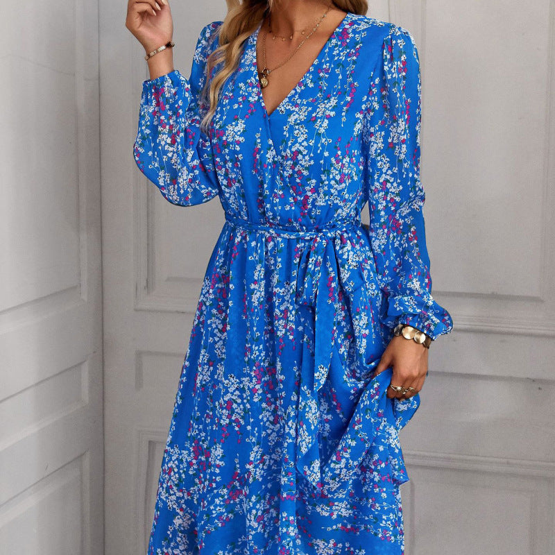 Fashion Women Boho Style Casual Sweet Floral Print Long Sleeve V Neck Chiffon Midi Dress