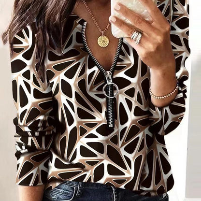 Blusa informal de manga larga con cremallera y estampado de letras para mujer